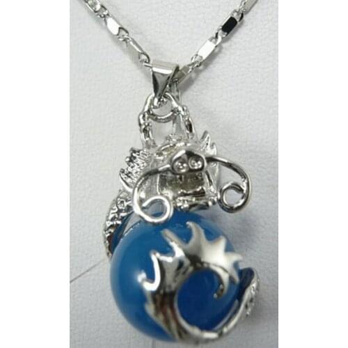 FREE SHIPPING>>>@@ > N3627 Blue stone Ball 18KWGP Dragon Pendant and Necklace
