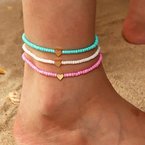 Heart Anklets for Women Girls Foot Jewelry Boho Beaded Holiday Beach Barefoot Sandals Bracelet on the leg Ankle Colorful Chains