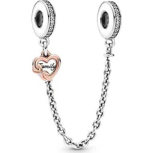 100% 925 Silver New Rose Heart Engraved Safety Chain Suitable For The Original Pandora Bracelet Womens Diy Charm Jewelry