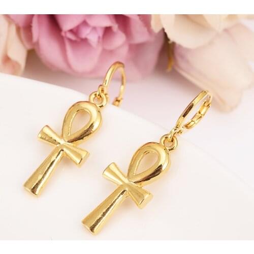 Classic Ankh Earrings Gold Color Egyptian Cross Jewelry Women Egypt Hieroglyphs Crux Ansata wedding bridal party Earrings gifts