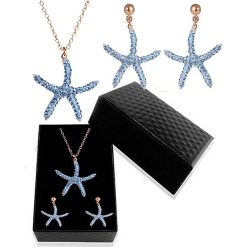 316L Stainless Steel Blue Crystal Starfish Earrings Necklace Set AAA Zircon Marine Series Wedding Jewelry Set