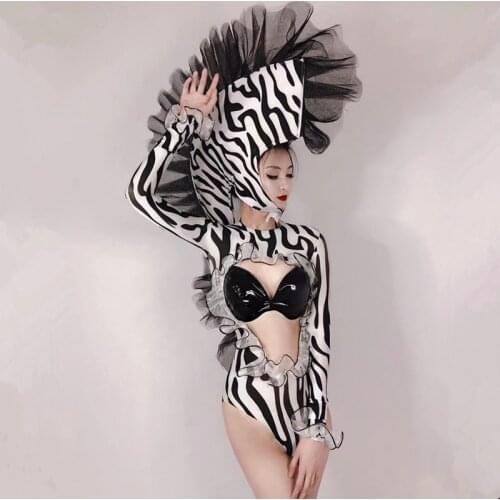 Halloween Party Cosplay Costume Zebra Stripes Headdress Hollow Bodysuit Outfits Nightclub Bar Festival Role Playing Stage Wear