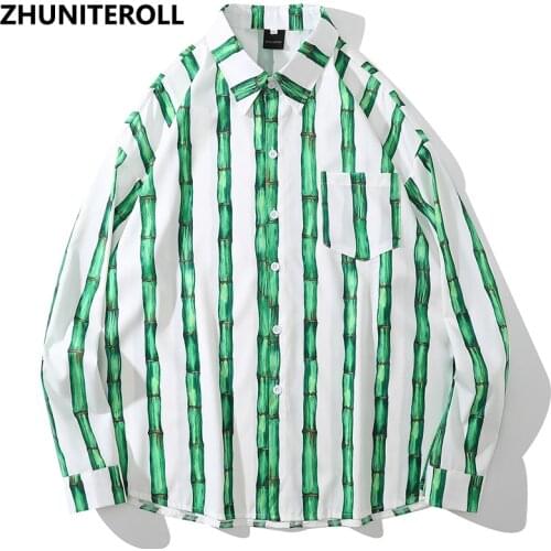 Fashion Harajuku Men Hawaiian Shirt Hip Hop Bamboo Print Button 2021 Beach Shirt Summer Long Sleeve Aloha Shirt Streetwear Tops