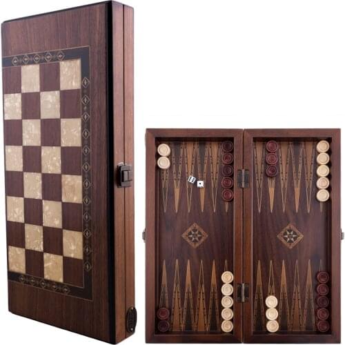 Luxury Walnut Wood Backgammon & Chess Set 35,5x15,5x5 Cm Classic Vintage Rustic Design Mosaic Motifs Handmade Arts