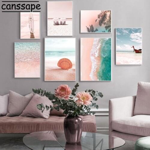 Pink Beach Wall Art Print Seashell Prints Sea Canvas Poster Ocean Landscape Painting Scandinavian Wall Picture Living Room Decor