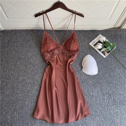 Sexy Strap Nightgown Lace Trim Dressing Gown Womens Satin Nightdress Summer V-Neck Home Wear Sleepwear Lounge Sleep Gown