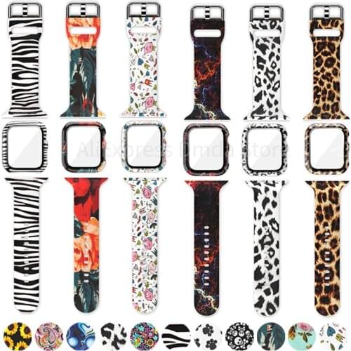 New Silicone Printed Strap + Case For Apple Watch Series 6 5 4 40mm 44mm iWatch Band SE 3 38mm 42mm Tempered Glass film Bracelet