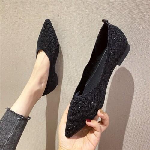 Pointed Toe crystal stretch fabric ballet flats women moccasins shallow slip on shoes women comfy rhinestones ballerina female