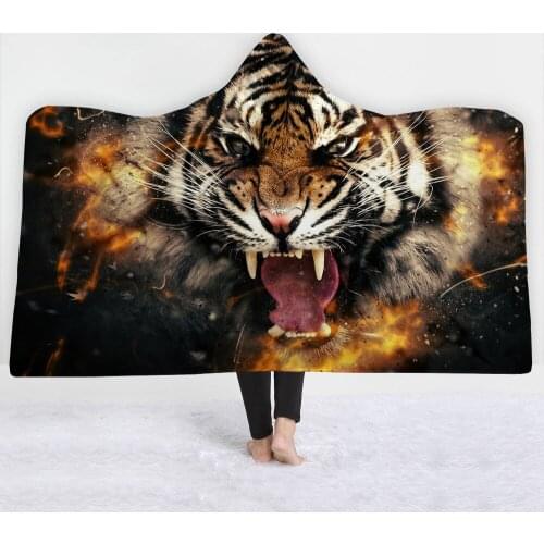 Tiger Wolf Moon Hooded Blanket 3D Printed Animals Hooded Throw Super Soft Micorfiber Coral Fleece Blankets For Winter Gifts
