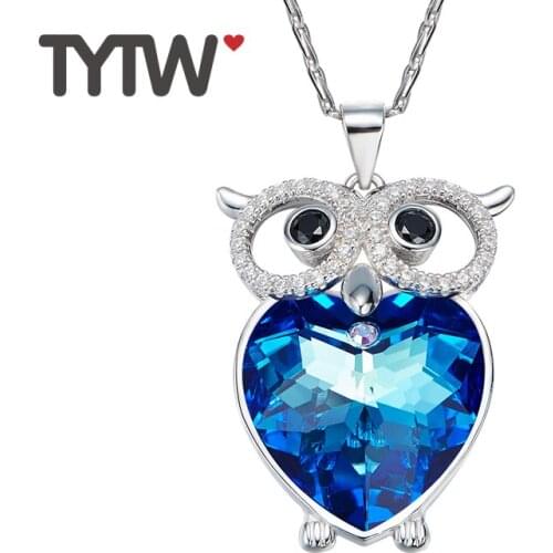 TYTW New design S925 Silver Crystals From Austrian Necklaces Women Pendants Austria Crystals Owl pendant necklace