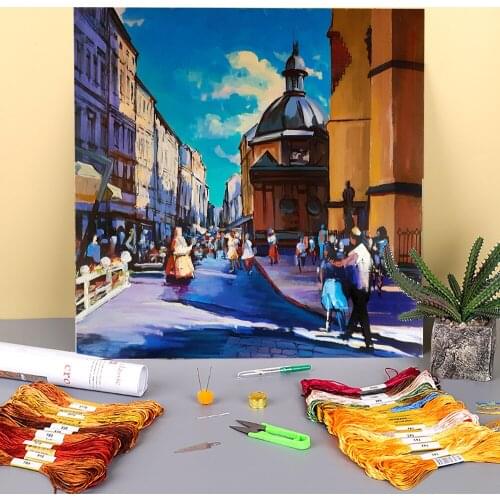 Landscape Lviv, Halytska Str. Printed Canvas 11CT Cross-Stitch Embroidery Patterns DMC Threads Handmade Craft Sewing Decor