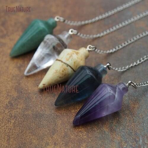 Yoga Meditation Jewelry Silver Finish Pendular State Pendant Long Silver Chains Amethysts Crystal Pendulum 32*15 mm Charm PM9207