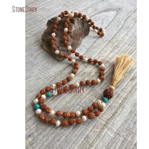 Hand knotted Freshwater Pearl & Rudraksha 108 Bead Mala Necklace Mantra Meditation Prayer Beads Lunar Feminine Wedding NM11009