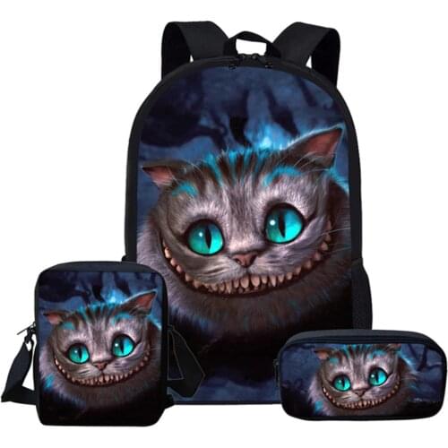 Boys Girls School Bags Smile Cheshire Cat 3D Printing Student Backpack Set Large Capacity Unisex Mochila Escolar