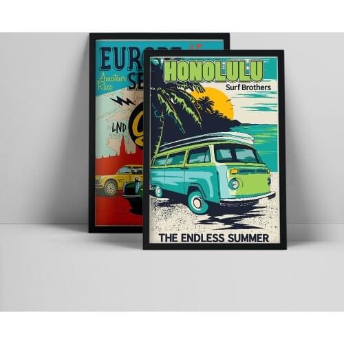 Nordic Vintage Car Motor Racing Poster Europe Honolulu Landscape Art Canvas Painting Wall Pictures for Living Room Home Decor