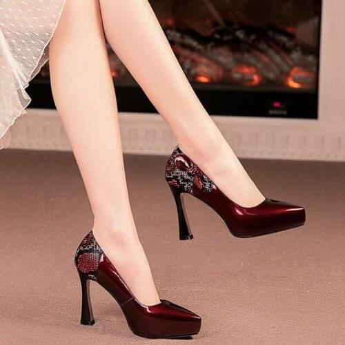 Patent Leather Womens Shoes,High Heels,Pointed toe,Vogue Platform Pumps Nice,Office Lady Footware,Wine red,Free Dropshipping