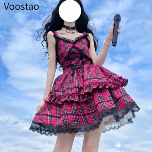 Japanese Gothic Lolita Jsk Dress Women Victorian Vintage Chic Lace Ruffles Plaid Party Dress Cool Girls Harajuku Punk Mini Dress