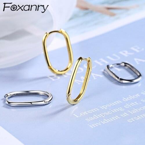 Foxanry Minimalist 925 Sterling Silver Stud Earrings for Women New Fashion Geometric Ellipse Handmade Birthday Party Jewelry