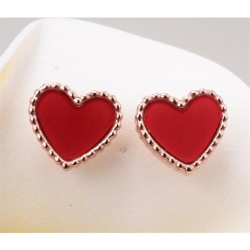 Martick Romantic Style Woman Heart Stud Earrings Candy Color Rose Gold Flower Side Brincos Jewelry E37