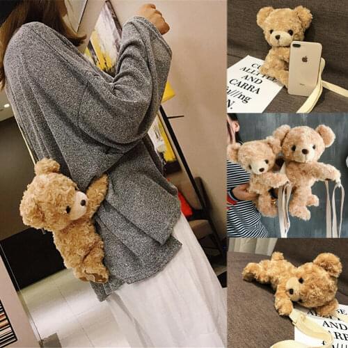 Women Handbags Cute Plush Bear Shoulders Bag Casual Stuffed Doll Bag Gift