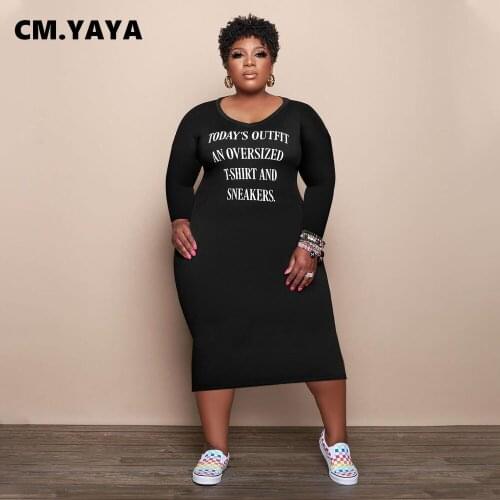 CM.YAYA Women Plus Size Dress Letter Print Stretchy Skinny Pencil Dresses Female Casual Vestidos Streetwear Fashion Outfit Fall