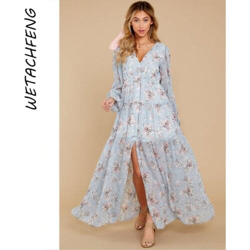 Womens Dress Floral Print V Neck Ruffles Long Sleeve Autumn Bohemian Party Maxi Dresses Elegant Sexy Cardigan Women Clothes