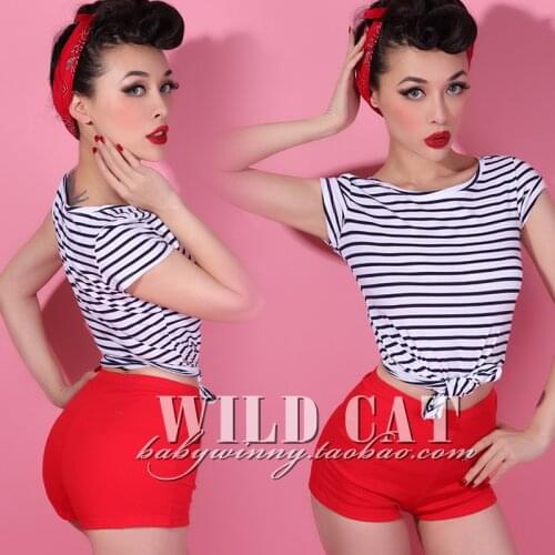 FREE SHIPPING Vintage all-match classic blue and white stripe slim t-shirt