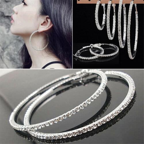 Charm Crystal Diamante Rhinestone Silver Plated Hoop Large Round Earring Jewelry