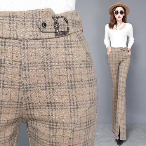 Winter woolen bell bottom pants women Plaid pants women casual pants womens high-waist split pants flare pants woman pants