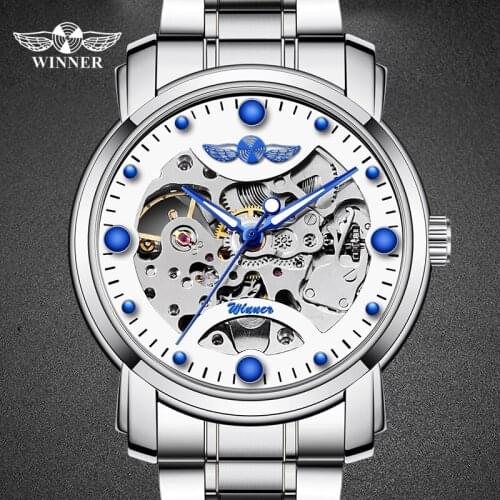 WINNER Official Automatic Silver Blue Watch Steel Strap Skeleton Mechanical Watches Top Brand Luxury Dropshipping