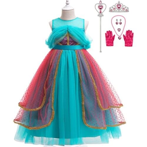 Girls Birthday Party Jasmine Costume Blue Kids Arabian Princess Cosplay Long Dress For Children Baby Halloween Fancy Costumes
