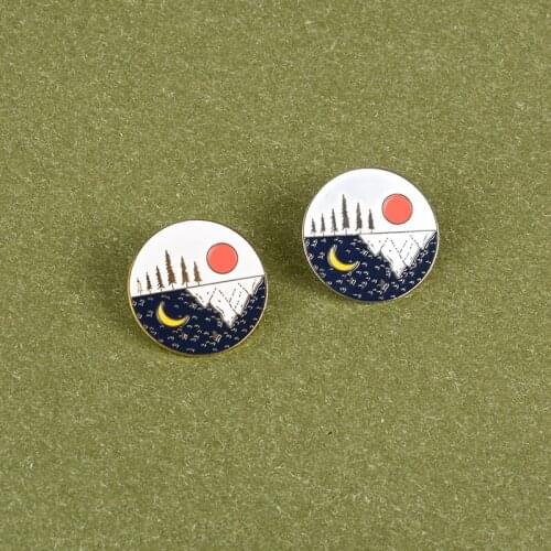 Horizon Day and night enamel pin Beautiful scenery Mountain forest badge brooches Sun and moon Lapel pins Shirt bag jewelry gift