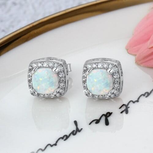 Classic 925 Sterling Silver Square White Opal Stud Earrings Cubic Zirconia Paved Stud Earrings Wedding Jewelry Gifts