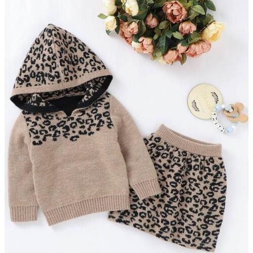 2020 New infant Baby Girls Leopard Print Warm Clothes Set Long Sleeve Hooded Sweater + Skirt with Elastic Waist for Fall Winter
