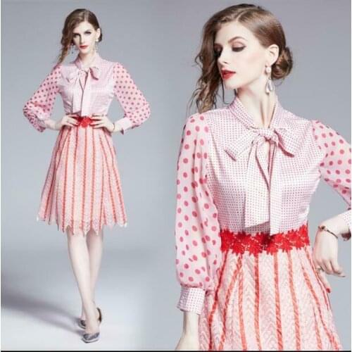 Womens 2019 New Lace Striped Temperament Slim Fashion Slim Dress Tie Bow Skirt TT-009