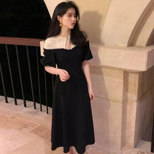 2021 summer new plus size womens summer dress French retro lace stitching dress Hepburn careful machine black long skirt