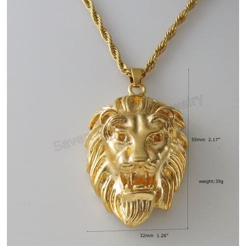 YELLOW GOLD OVERLAY PLAYED 24INCH ROPE NECKLACE & VIVID BIG SUPER HEAVY LION HEAD SHAPE PENDANT 39G GREAT GIFT
