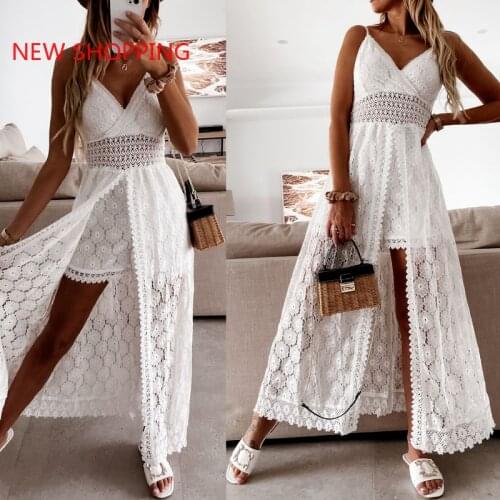 Beach Crochet Lace Jumpsuit Backless Sexy Deep V Neck Sling Summer Hollow Out Playsuit Elegant Cover Split Short Bodysuit Romper
