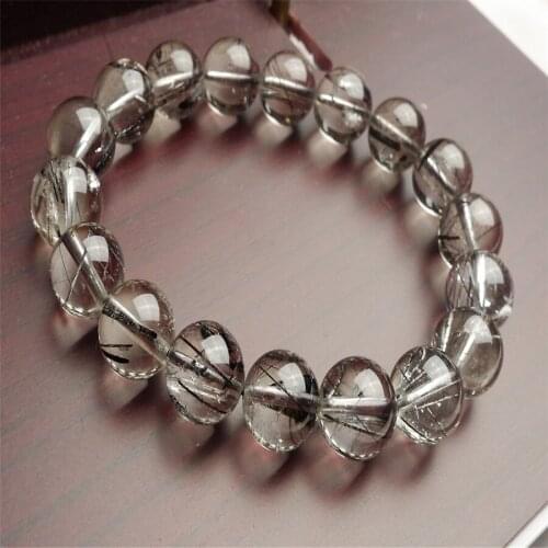 12mm Brazil Natural Black Rutilated Quartz Crystal Round Bead Stretch Charm Bracelet