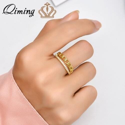 QIMING Gold Link Chain Zircon Rings For Women Fashion Luxury Jewelry Wedding Party Vintage Finger Stackable Ring Dropship