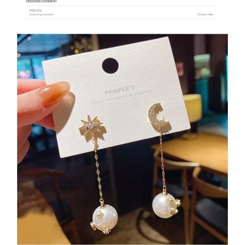S925 Needles Star Moon Pearl Female Earrings Exquisite Asymmetric Sense of Quality Personality