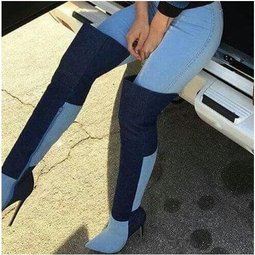 Light/Dark Blue Denim Patchwork Women Over The Knee Boots Sexy Point Toe Ladies High Heel Boots Zipper Side Spring Fashion Boots