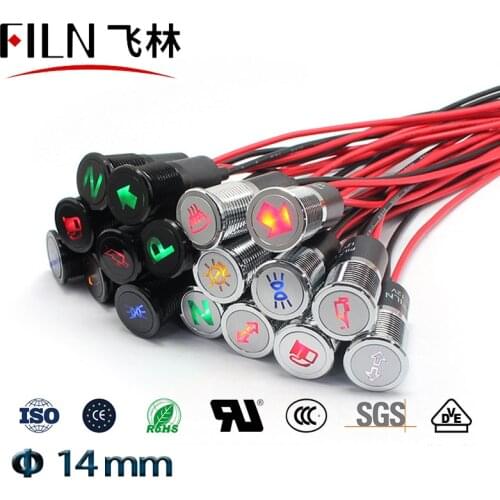 FILN 14mm black shell led red yellow blue green car applicance symbol 12v led indicator light with 20cm cable