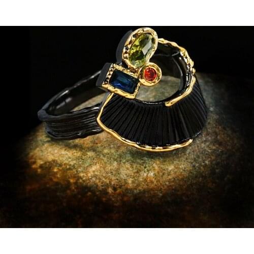 Vintage Female Rainbow Crystal Thin Ring Classic 14KT Black Gold Wedding Ring Luxury Bridal Geometry Engagement Rings For Women