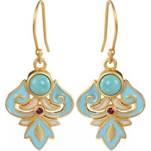 Vintage Totem Enamel Drop Earrings Set With Blue Turquoise Stone