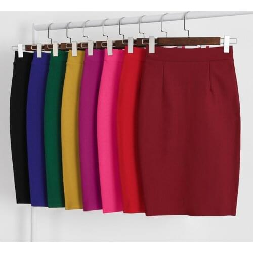 8 Colors back split formal bodycon skirts womens 2020 knee length elastic high waist pencil midi office skirt black blue c102