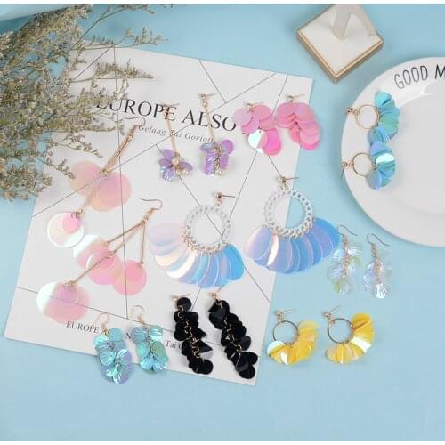 Korean Multiple Styles Sequin Pendientes Pink Transparent Long Tassel Earrings For Women Jewelry Round Flower Drop Earrings 2019