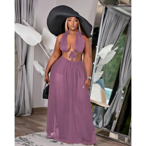2021 High Quality New Design 2 pcs Chiffon Women Set Solid Halter Strapless Short Tops Maxi Dress Summer Beach Outfits