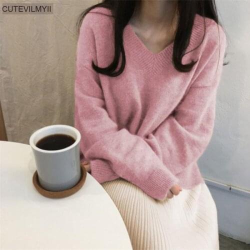 South Koreas New Winter Women Loose Knitted Christmas New Year Pullover V-neck Loose Sweater