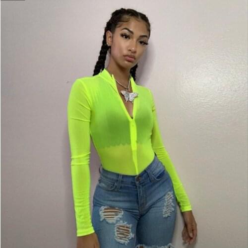 Long Sleeve Women Bodysuit Sexy Clubwear 2019 New Autumn Female Zip Up Mesh Sheer See-through Bodysuit Women Clothes Neon Green